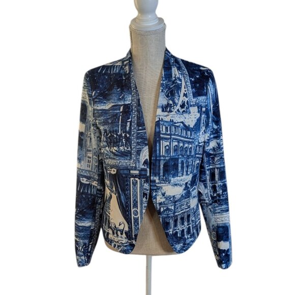 OVI Womens Sz Large Blue Open Front Blazer Jacket Architecture Print - Picture 1 of 6